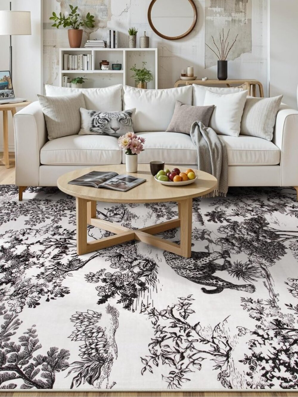 Washable 5x7 Area Rugs for Living Room, Classic Black Toile Vintage Botanical Ru